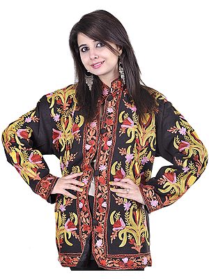 Black Kashmiri Jacket with Embroidered Flowers All-Over