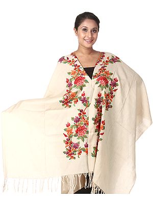 Winter-White Cape from Kashmir with Hand Embroidered Flowers