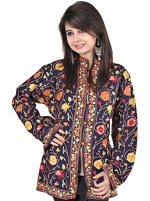 Midnight-Blue Kashmiri Jacket with Aari Embroidered Flowers All-Over