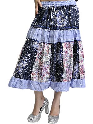 Steel-Blue and Black Midi-Skirt with Printed Paisleys and Patchwork