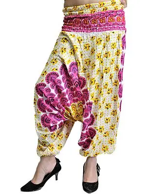 Cream and Fuchsia Harem Trousers with Printed Motiffs