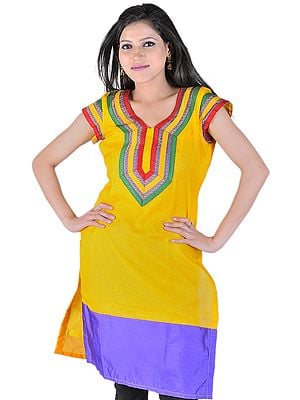 Spectra-Yellow Kurti from Banaras With Tri-Color Patch and Solid Wide Border