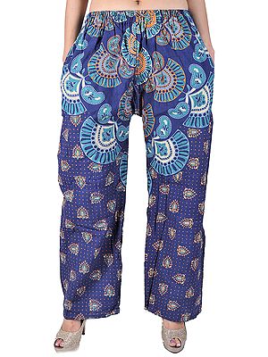 Navy-Blue Yoga Trousers with Jodhpuri Print