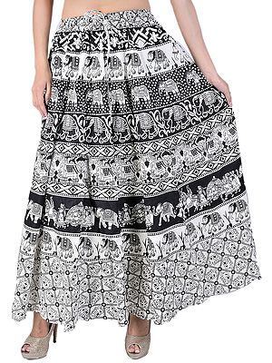 Ivory and Black Long Skirt with Printed Elephants