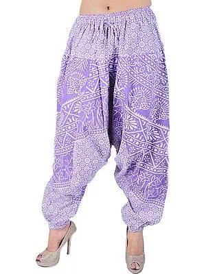 Hyacinth-Purple Harem Trousers from Pilkhuwa with Printed Peacocks and Palm Trees