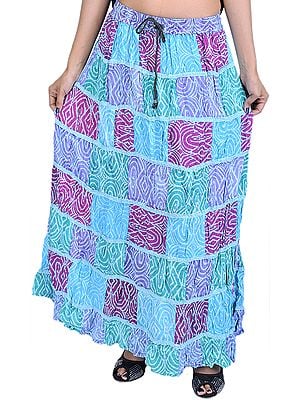 Long Printed Boho Skirt from Gujarat with Patch Work and Lace