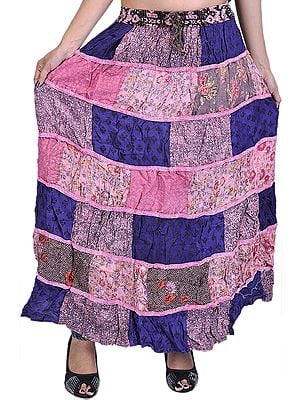 Long Printed Boho Skirt from Gujarat with Patch Work and Lace