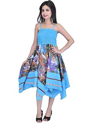 Aquarius-Blue Fish Cut Barbie Dress with Large Printed Flowers and Patch Work