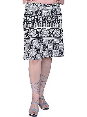 White and Black Wrap-around Mini-Skirt with Printed Elephants and Flowers