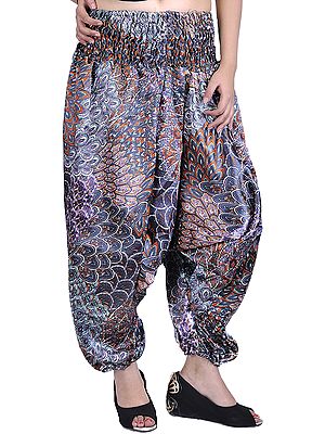 Harem Satin Trousers with Printed Paisleys and Flowers