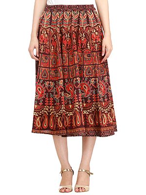 Sanganeri Midi Skirt with Printed Elephants and Peacocks