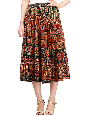 Sanganeri Midi Skirt with Printed Elephants and Peacocks