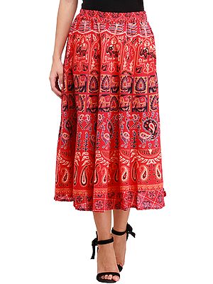 Sanganeri Midi Skirt with Printed Elephants and Peacocks