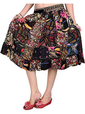 Black and Beige Midi-Skirt with Printed Flowers and Patchwork