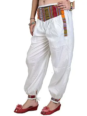 White Casual Trousers with Woven Patch and Side Pockets