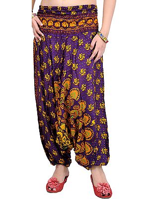 Heliotrope-Violet Harem Trousers with Printed Floral Motiffs