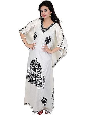 Chic-White Kashmiri Kaftan with Aari Embroidered Flowers in Black Thread