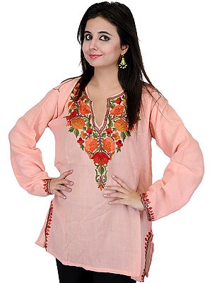 Kashmiri Kurti with Hand Embroidered Flowers on Neck