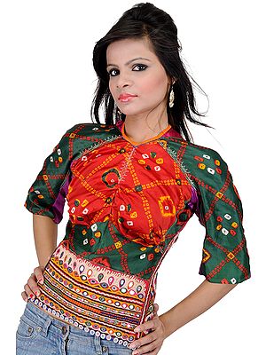 Tomato-Red and Green Bandhani Backless Choli with Embroidered Mirrors