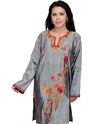 Carbon-Gray Kashmiri Long Kurti with Hand Embroidered Flowers