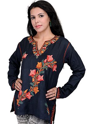 Caviar-Black Kashmiri Kurti with Aari Embroidered Flowers by Hand