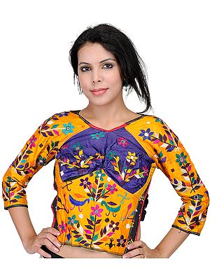 Saffron Backless Choli from Kutch with Antiquated Rabari Embroidery and Mirrors