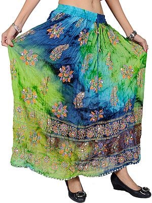 Green Flash Long Skirt with Printed Flowers and Embroidered Sequins