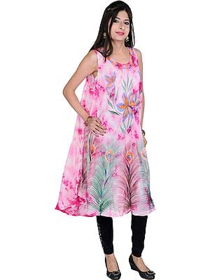 Ivory and Barberry-Pink Dress with Printed Peacock Feathers