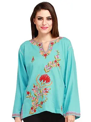 Angel-Blue Kurti from Kashmir with Floral Embroidery by Hand
