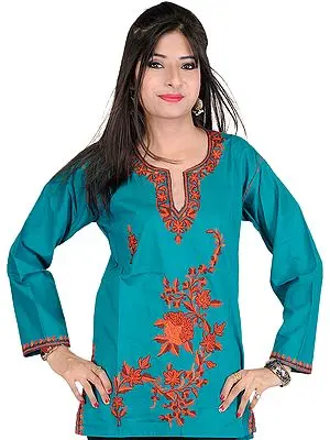 Teal-Green Kurti from Kashmir with Aari Embroidered Flowers by Hand