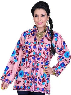 Rose-Pink Jacket from Kashmir with Aari Embroidered Flowers