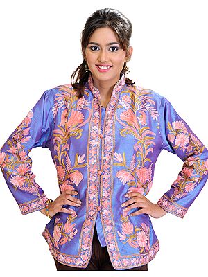 Denim-Blue Jacket from Kashmir with Crewel Embroidered Flowers