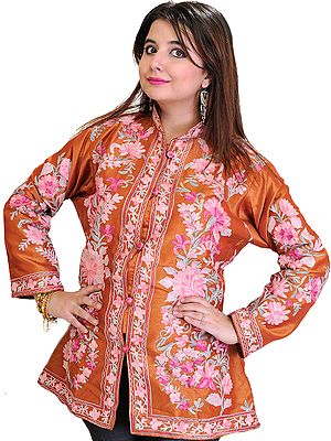 Golden-Brown Kashmiri Jacket with Aari Embroidered Flowers All-Over
