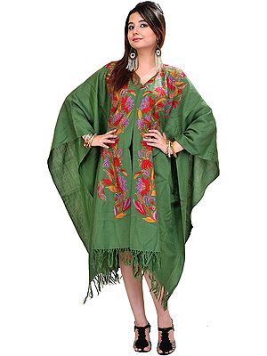 Deep-Green Kashmiri Cape with Hand Embroidered Flowers