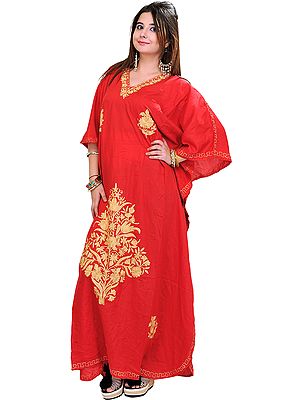 Mineral-Red Kashmiri Kaftan with Crewel Embroidered Flowers