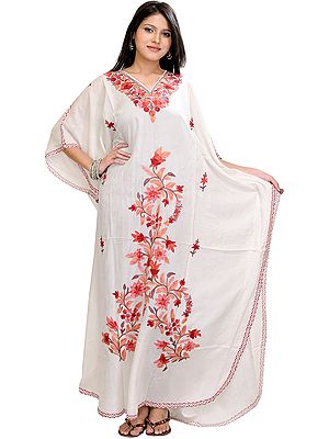 Bright-White Kashmiri Kaftan with Aari Embroidered Flowers