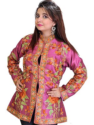 Radiant-Orchid Kashmiri Jacket with Aari Embroidered Flowers All-Over