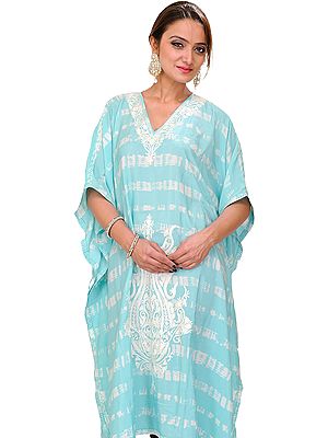 Aruba-Blue Batik Dyed Short Kaftan from Kashmir with Aari Embroidered Paisleys and Waist Sash