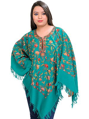 Poncho from Kashmir with Aari Hand-Embroidered Flowers All-Over