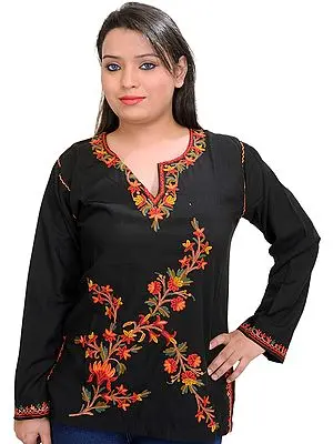 Black Short Kashmiri Kurti with Embroidered Flowers by Hand
