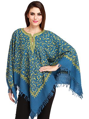 Poncho from Kashmir with Aari Hand-Embroidered Paisleys All-Over