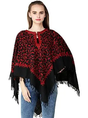 Poncho from Kashmir with Aari Hand-Embroidered Paisleys All-Over