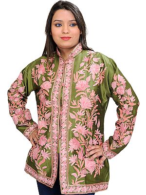 Peridot Short Kashmiri Jacket with Aari Embroidery in Pink Thread