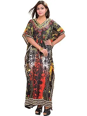 Multi-Color Long Batik Printed Kaftan with Dori at Waist