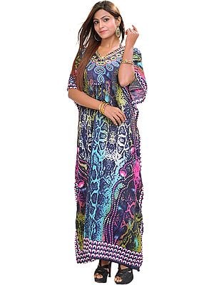 Multi-Color Long Batik Printed Kaftan with Dori at Waist