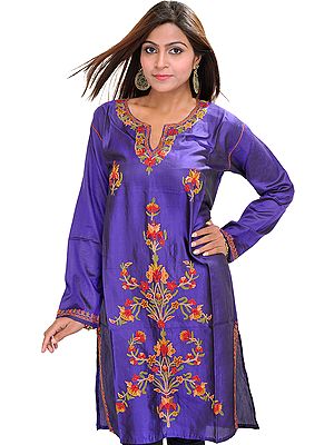 Spectrum-Blue Kashmiri Kurti with Aari Embroidered Flowers by Hand