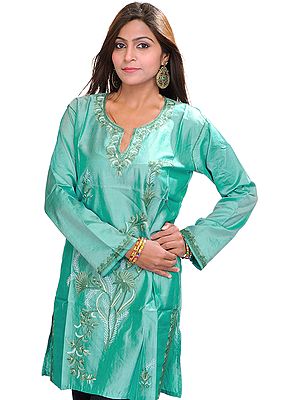 Agate-Green Kashmiri Kurti with Aari Hand-Embroidery