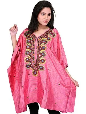 Bubblegum-Pink Short Kashmiri Kaftan with Hand-Embroidered Beads