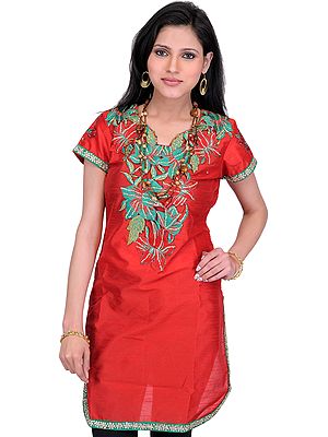 Tomato-Red Kurti with Embroidered Patch on Neck