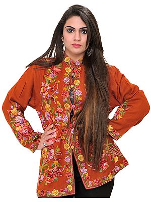 Bombay-Brown Floral Hand-Embroidered Jacket from Kashmir